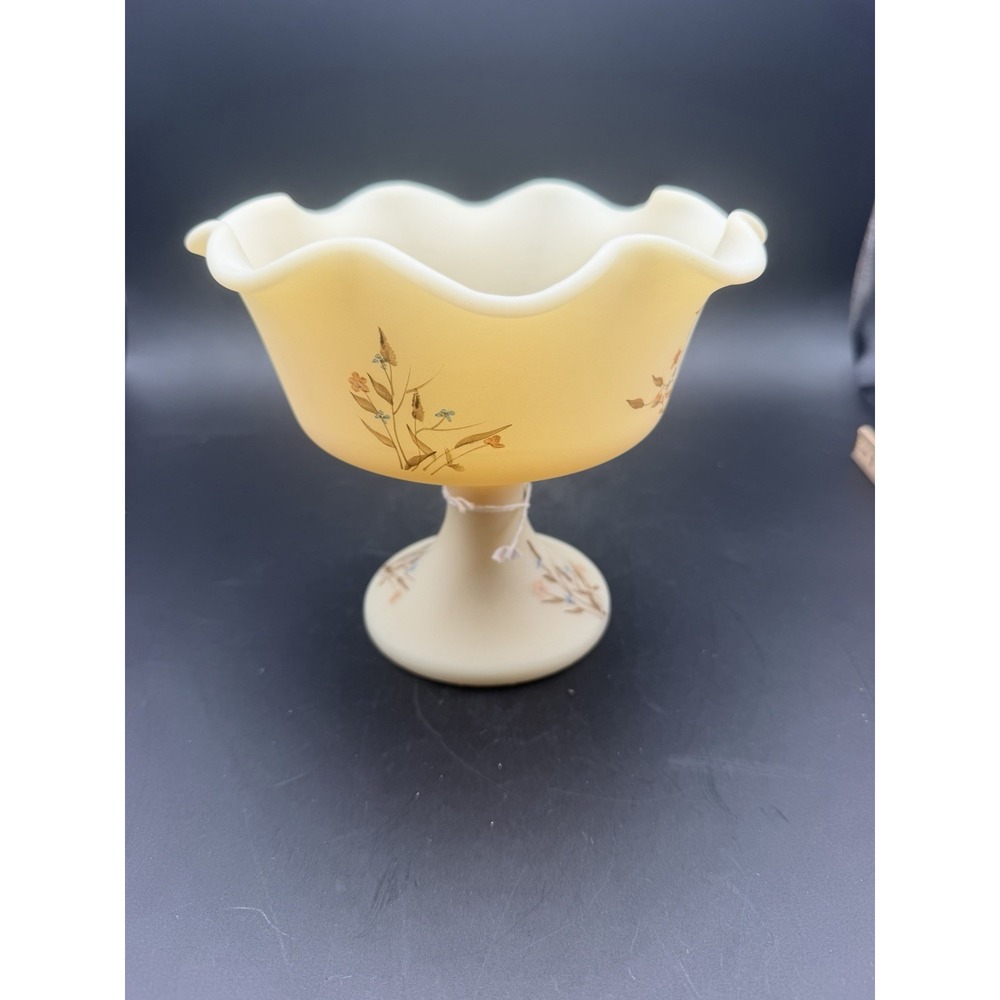 Vintage Fenton Custard Satin Glass Floral Compote Signed Dane F